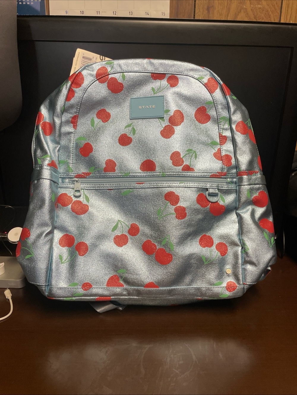 STATE Metallic Blue Backpack with Red Cherry Print Large
